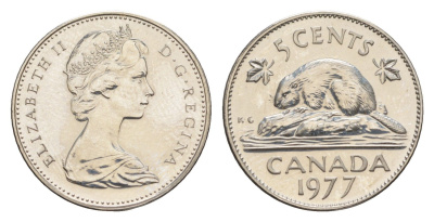 Канада 5 центов 1977 Елизавета II (1952-2022), бобр KM 60.1 никель PROOF-LIKE (BU) 4630-946