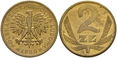 Польша 2 злотых 1980 MW KM 80.1, Parchimowicz 217g латунь  XF-UNC  4189-249