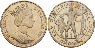 Гибралтар 1 крона 1991 XXV Олимпийские игры 1992 года в Барселоне, копьеметатель KM 69 медно-никель UNC 1084-8-32