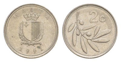Мальта 2 цента 1991 оливковая ветвь KM 94 медно-никель 4644-1248