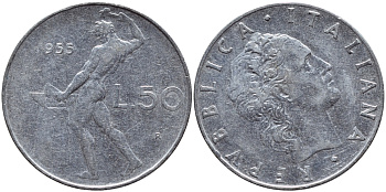 ИТАЛИЯ 50 ЛИР 1955 R, БОГ ОГНЯ ВУЛКАН У НАКОВАЛЬНИ KM 95.1 нержавеющая сталь 4395-532