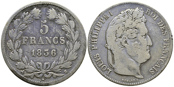 Франция 5 франков 1836 B, Луи Филипп I (1830-1848) KM 749.2 серебро 4386-115