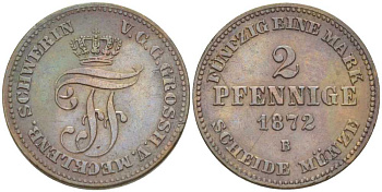 Мекленбург-Шверин 2 пфеннига 1872 В, Фридрих Франц II (1842-1883) KM 316 (С103), AKS 49, J.61 медь 206-266