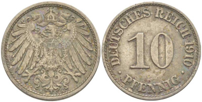 ГЕРМАНИЯ 10 ПФЕННИГОВ 1910 А KM 12, J. 13 медно-никель 210-654