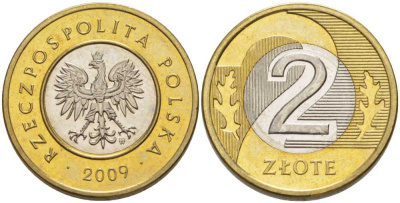 Польша 2 злотых 2009 MW KM 283 биметалл 83-1651