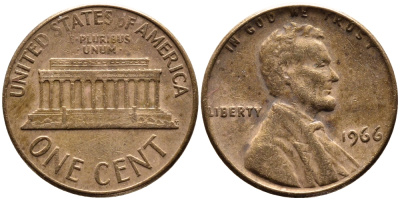 США 1 ЦЕНТ 1966 ЛИНКОЛЬН KM 201 медь цинк 4383-142