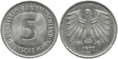 ФРГ 5 МАРОК 1977 F KM 141, J. 415 медно-никель плакированный никелем 111-325