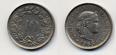 Швейцария 10 раппенов 1965 В KM 27 медно-никель 54-764