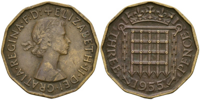 Великобритания 3 пенса 1955 Елизавета II (1952-2022) KM 900, Spink 4153 никель латунь 4573-551