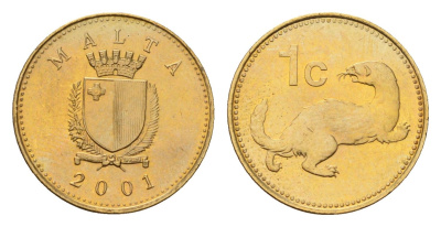 Мальта 1 цент 2001 ласка, горностай KM 93 никель латунь UNC 4164-126