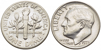 США 10 ЦЕНТОВ = 1 ДАЙМ 1975 РУЗВЕЛЬТ KM 195а медь плакированная медно-никелем 105-1047