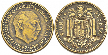 ИСПАНИЯ 1 ПЕСЕТА 1947 (52) ФРАНСИСКО ФРАНКО ДИКТАТОР ИСПАНИИ (1939-1975) KM 775 алюминиевая бронза 87-1435