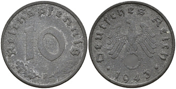 Германия 10 рейхспфеннигов 1943 F KM 101, J.371 цинк 4151-253