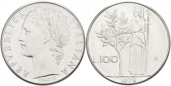 ИТАЛИЯ 100 ЛИР 1978 R, АФИНА KM 96.1 нержавеющая сталь 3855-823