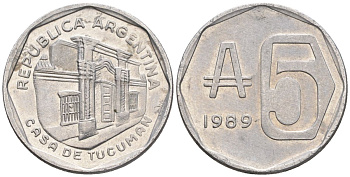 Аргентина 5 аустралей1989 здание конгресса Тукумана KM 101, CJ 379, Schon 101 алюминий 60-557