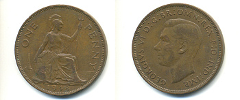 Великобритания 1 пенни 1948 Георг VI (1936-1952) KM 845, Spink 4114 бронза 89-236