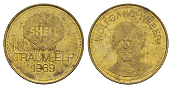 Германия жетон Shell - Dream Team Германии - Вольфганг Вебер 1969 диаметр 26 мм, вес 5 гр сталь плакированная латунью aUNC 4656-335