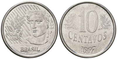 Бразилия 10 сентаво 1997 голова свободы KM 633 нержавеющая сталь 4641-331
