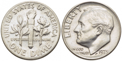 США 10 ЦЕНТОВ = 1 ДАЙМ 1975 РУЗВЕЛЬТ KM 195а медь плакированная медно-никелем 105-1047