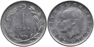 Турция 1 лира 1974 Мустафа Кемаль Ататюрк KM 889а.2 нержавеющая сталь 4178-823
