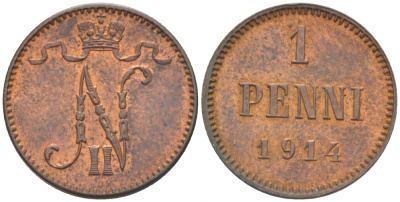 Россия для Финляндии 1 пенни 1914 Николай II (1894-1917) KM 13, Биткин 474 медь 4396-1369