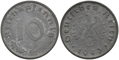 Германия 10 рейхспфеннигов 1943 F KM 101, J.371 цинк 4151-253