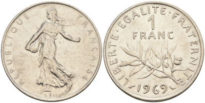 Франция 1 франк 1969 сеятель, тип Semeuse KM 925, Le Franc 226.14 никель 4592-1113