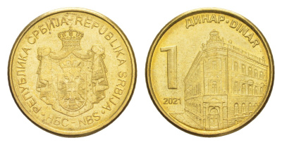 Сербия 1 динар 2021 KM 54 сталь плакированная латунью UNC 4649-112