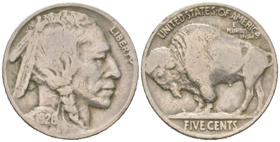 США 5 центов 1926 индеец, бизон KM 134 медно-никель 4614-1066