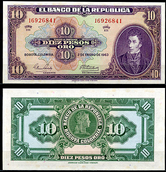 Колумбия 10 песо 1963 Антонио Нариньо, свобода Pick 389 f  бумага  UNC (пресс) 00-00