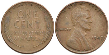 США 1 ЦЕНТ 1947 ЛИНКОЛЬН KM А132 медь цинк 218-523