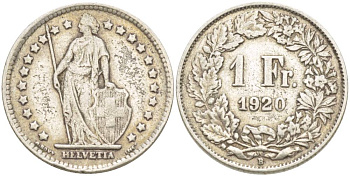 Швейцария 1 франк 1920 В KM 24 серебро 4544-357