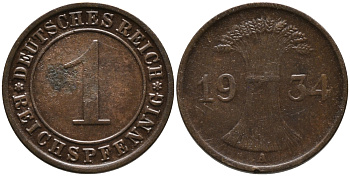 ГЕРМАНИЯ 1 РЕЙХСПФЕННИГ 1934 А KM 37, J.313 бронза 179-648