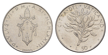 Ватикан 50 лир 1973 MCMLXXIII, Павел VI KM 121 нержавеющая сталь UNC 4648-126