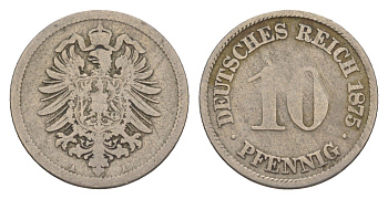Германия 10 пфеннигов 1875 A, Вильгельм I (1871-1888) KM 4, J. 4 медно-никель 4615-149
