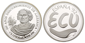 Испания 1 экю 1992 500 лет открытию Америки - Колумб, с сертификатом подлинности X M51 серебро PROOF 1083-5-64