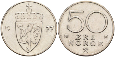 Норвегия 50 эре 1977 Улаф V (1957-1991) KM 418 медно-никель aUNC 4586-1142
