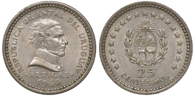 Уругвай 25 сентесимо 1960 KM 40 медно-никель 4169-923