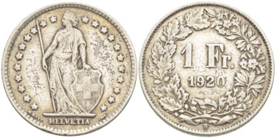 Швейцария 1 франк 1920 В KM 24 серебро 4544-357