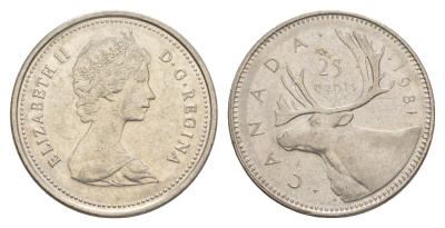 Канада 25 центов 1981 Елизавета II (1952-2022), олень KM 74 никель 4638-526