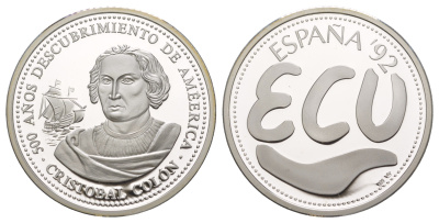 Испания 1 экю 1992 500 лет открытию Америки - Колумб, с сертификатом подлинности X M51 серебро PROOF 1083-5-64