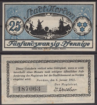 Норден 25 пфеннигов 1921 Grabowski N52.8 бумага UNC (пресс) 8592-20-2-2
