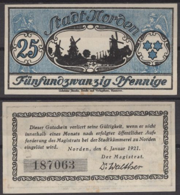 Норден 25 пфеннигов 1921 Grabowski N52.8 бумага UNC (пресс) 8592-20-2-2