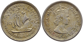 Британские Восточно-Карибские территории 10 центов 1955 Елизавета II (1952-2022), парусник KM 5 медно-никель 4387-224
