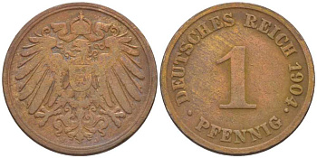ГЕРМАНИЯ 1 ПФЕННИГ 1904 J KM 10, J. 10, Weege 2 медь 211-318
