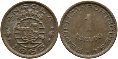 Португальская Ангола 1 эскудо 1965 KM 76 бронза 33-947