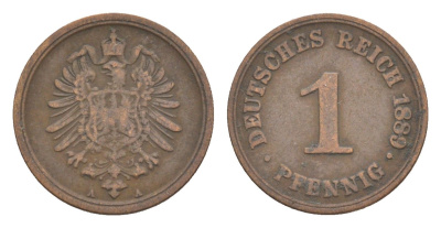 Германия 1 пфенниг 1889 A, Вильгельм II (1888-1918) KM 1, J. 1 медь 4639-1066