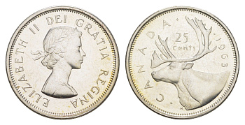 Канада 25 центов 1963 Елизавета II (1952-2022), олень KM 52 серебро UNC 55-112