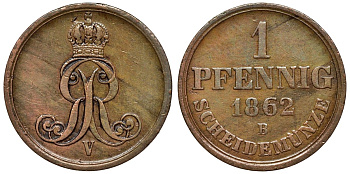 Ганновер 1 пфенниг 1862 B, Георг V KM 233, AKS 156, J. 90 медь 4594-459
