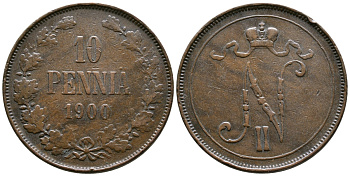 РОССИЯ ДЛЯ ФИНЛЯНДИИ 10 ПЕННИ 1900 НИКОЛАЙ II KM 14, Биткин 428 медь 1524-1123